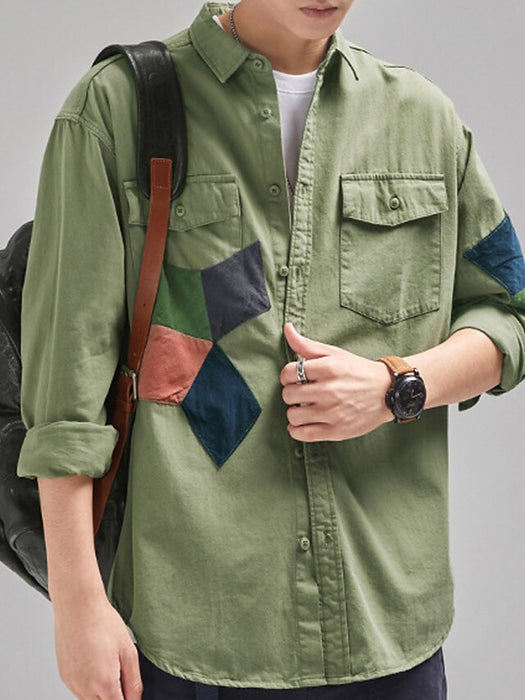 Men's Shirt Cargo Shirt khaki Army Green Long Sleeve Color Block