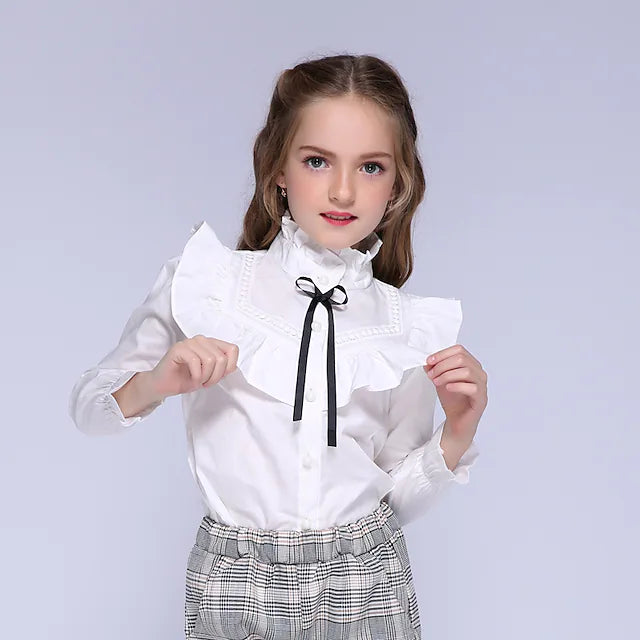 Kids Girls' Shirt Long Sleeve Solid Color Ruffle White Cotton Children