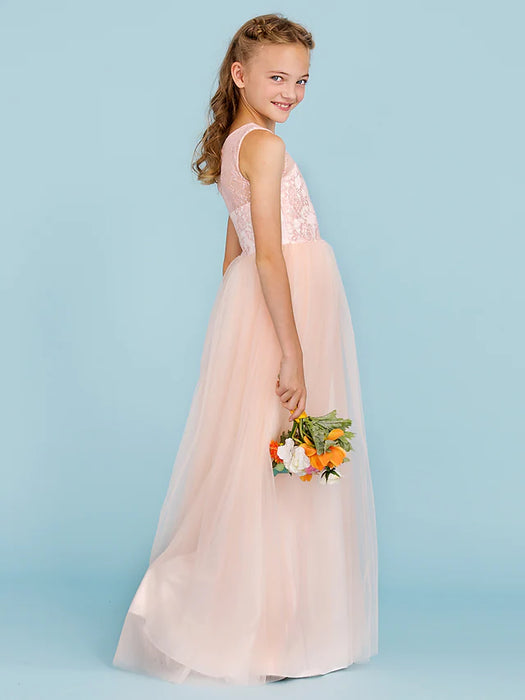 Princess Floor Length Crew Neck Lace Junior Bridesmaid Dresses&Gowns