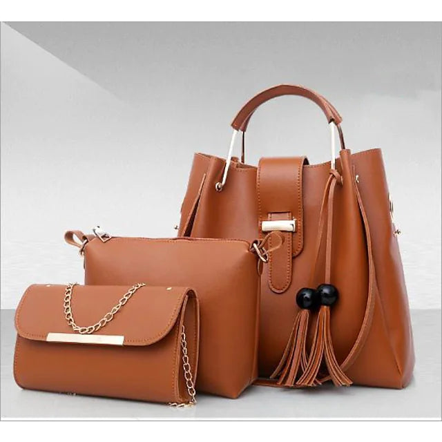 Women's Bag Sets Handbags Bag Set PU 3 Pcs Purse Set Zipper Solid Color Daily Black Gray Pink Red