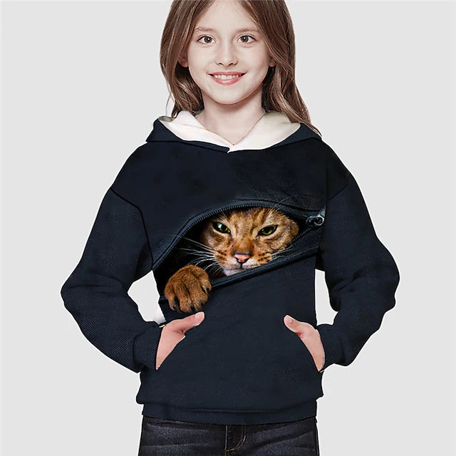 Kids Girls' Hoodie Long Sleeve Black 3D Print Cat Animal Pocket Daily