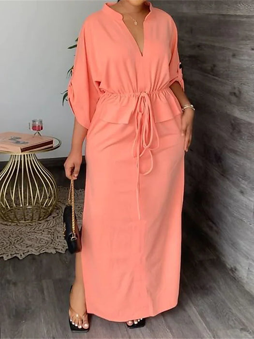 Women's Plus Size Casual Dress Solid Color Long Dress Maxi Dress 3/4 Length Sleeve