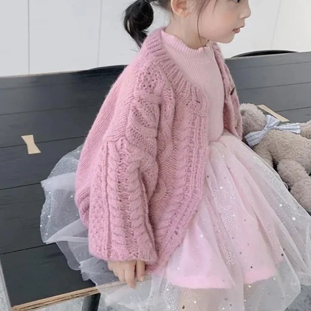 Kids Girls' Cardigan Solid Color Daily Long Sleeve Cute Cotton 2-8 Years Winter