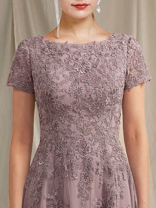 A-Line Mother of the Bride Dress Elegant Jewel Neck Tea Length Lace Tulle Short Sleeve