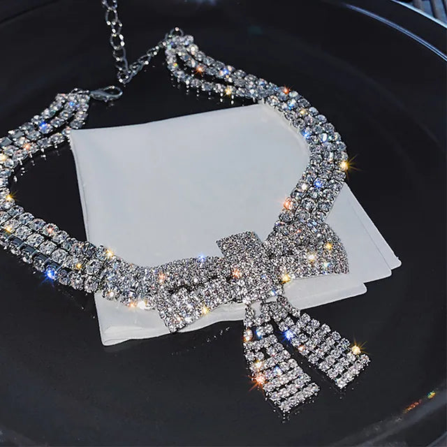 Rhinestone Choker Necklace Bow-Knot Full Crystals Necklaces Silver