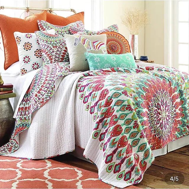 100% Cotton Boho Quilt Set, Natural Peacock Printing Bedspread with Jacquard Pillow
