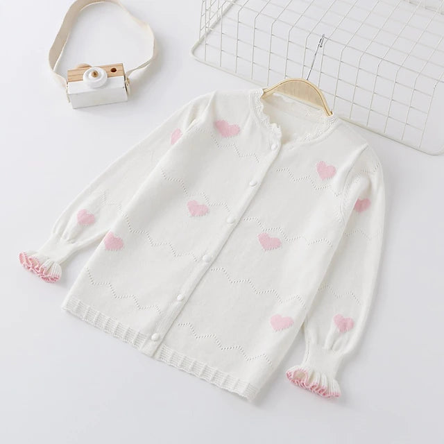 Kids Girls' Cardigan Heart Long Sleeve Basic Cotton Fall Pink Yellow White