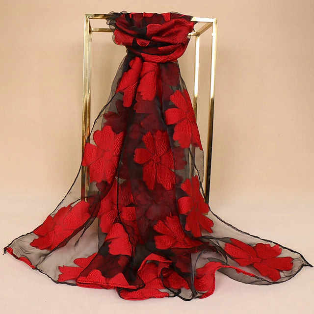 Women's Chiffon Scarf Party Red Scarf Floral Elegant & Luxurious Wedding Casual Green Fall Winter