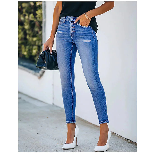 Women's Pants Trousers Jeans Distressed Jeans Denim Light Blue Mid Waist Fashion
