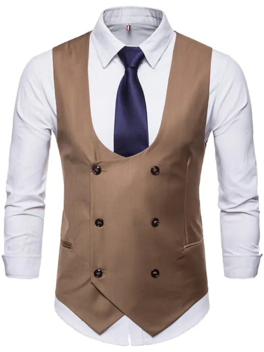 Men's Formal Vest Solid Color Tailored Fit U Neck Double Breasted Six-buttons