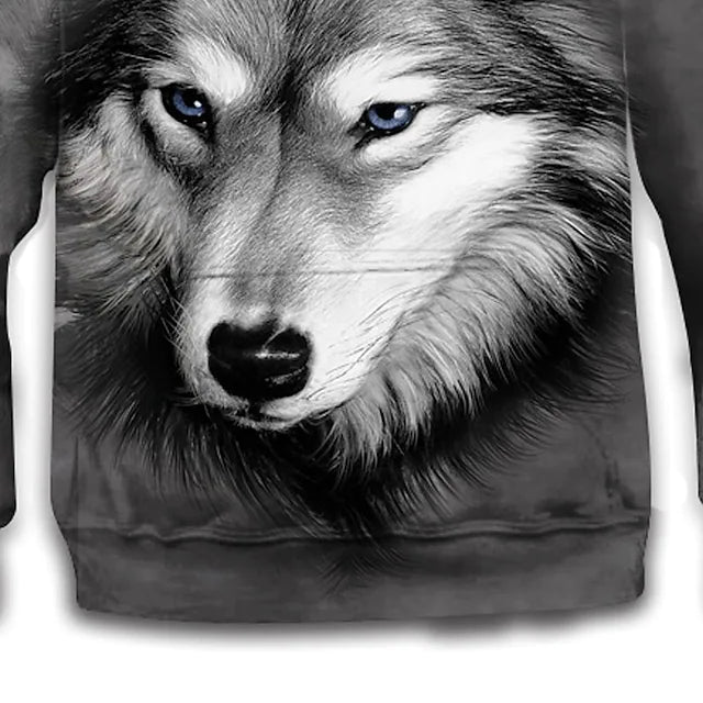 Kids Boys Hoodie Long Sleeve 3D Print Wolf Animal Pocket Gray Children