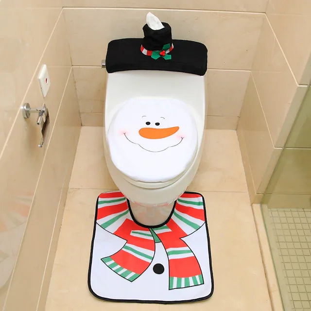 Santa Snowman Deer Spirit Toilet Seat Cover Rug Bathroom Set With Paper Towel Cover