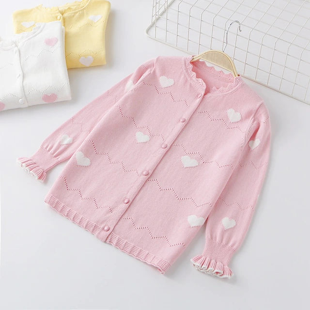 Kids Girls' Cardigan Heart Long Sleeve Basic Cotton Fall Pink Yellow White