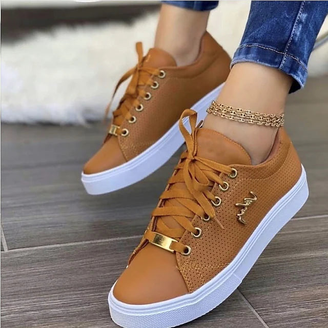 Women's Sneakers Plus Size Daily Lace-up Flat Heel Round Toe Casual PU Leather