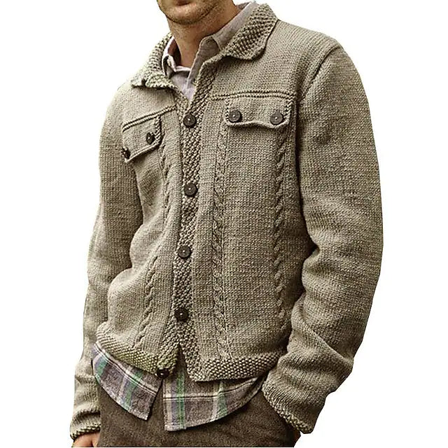 Men's Sweater Cardigan Knit Knitted Solid Color Shirt Collar Stylish