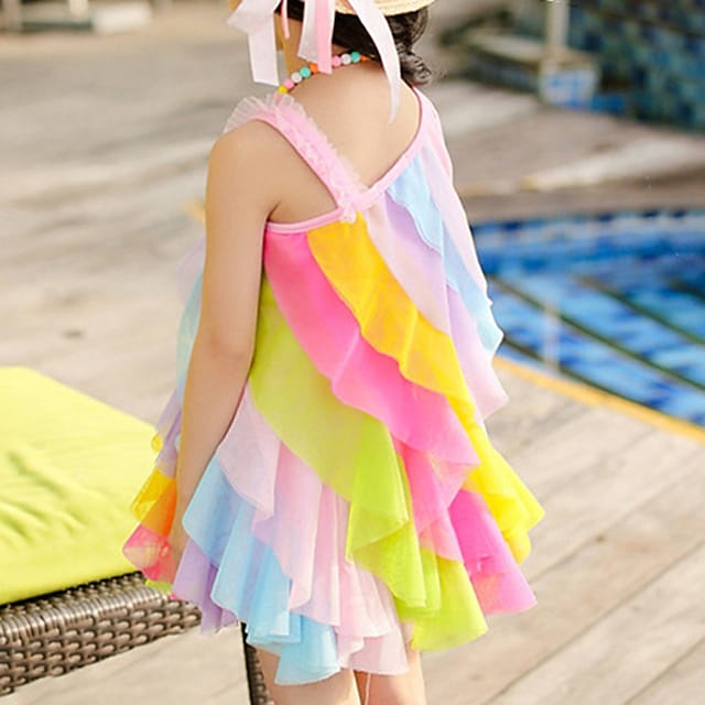 Kids Girls' Dress Rainbow Swing Dress Party Holiday Beach Ruffle Mesh