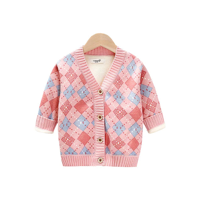 Kids Girls' Cardigan Plaid Daily Long Sleeve Active Cotton 2-8 Years Winter Pink
