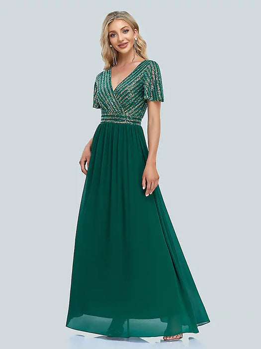 A-Line Mermaid / Trumpet Evening Gown Elegant Dress Christmas Floor Length Short Sleeve