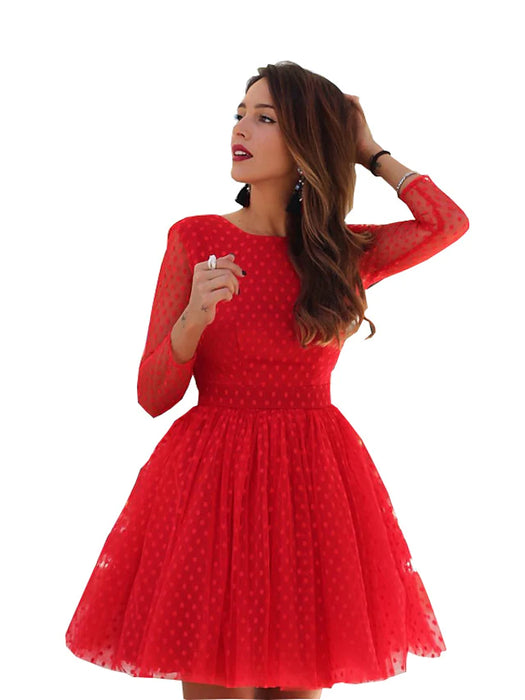 Women‘s A Line Dress Christmas Short Mini Dress Red Long Sleeve