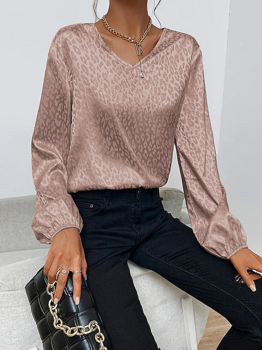 Women's Blouse Shirt Pink Beige Black Leopard Sparkly Print Long Sleeve