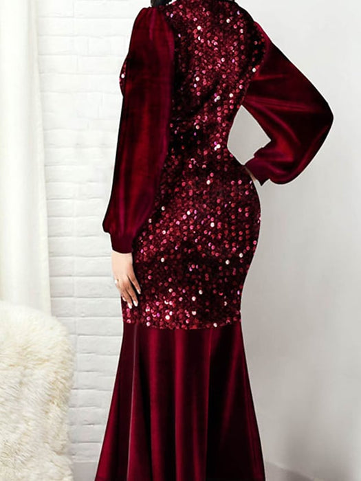 Women's Plus Size Party Dress Solid Color V Neck Sequins Long Sleeve
