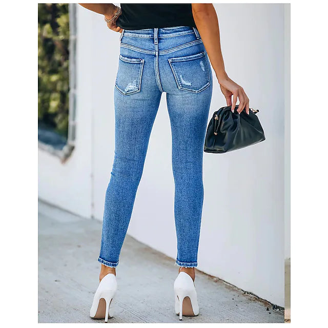 Women's Pants Trousers Jeans Distressed Jeans Denim Light Blue Mid Waist Fashion