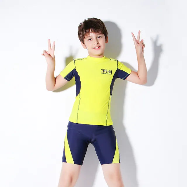 Kids Boys Two Piece Swimwear Outdoor Print Active Patchwork Bathing Suits 5-13 Years Spring Yellow