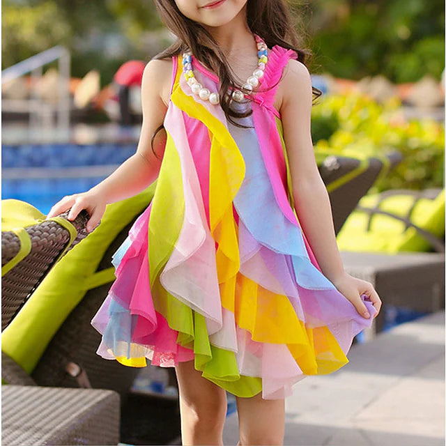 Kids Girls' Dress Rainbow Swing Dress Party Holiday Beach Ruffle Mesh