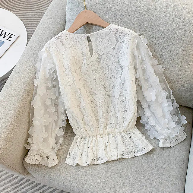 Kids Girls' Blouse Long Sleeve Solid Color Puff Sleeve White Children Tops