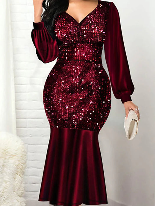 Women's Plus Size Party Dress Solid Color V Neck Sequins Long Sleeve