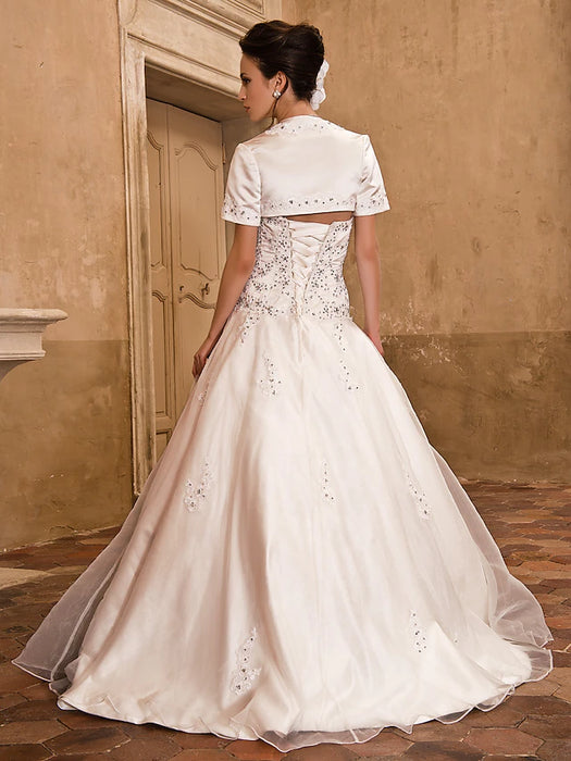 Hall Wedding Dresses Floor Length Ball Gown Short Sleeve Strapless Satin