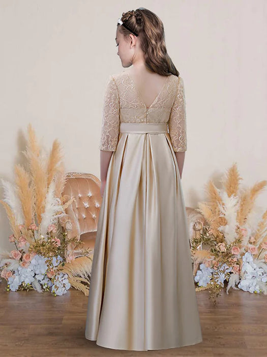 A-Line Floor Length Jewel Neck Satin Junior Bridesmaid Dresses&Gowns