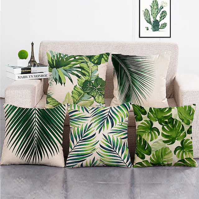1 Set of 5 Pcs Green Leaf Botanical Series Throw Pillow Covers