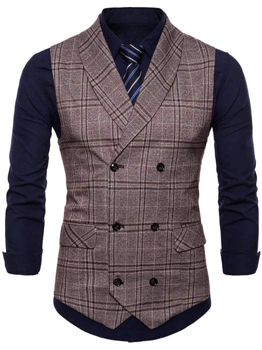 Men's Casual Vest Plaid Regular Fit Shawl Collar Double Breasted Six-buttons