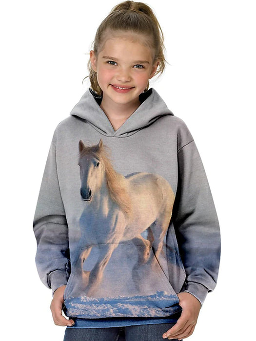 Kids Girls' Hoodie Long Sleeve 3D Print Horse Animal Pocket Blue Children Tops
