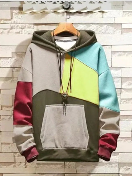 Men's Hoodie Pink Khaki Hooded Graphic Color Block Patchwork Casual
