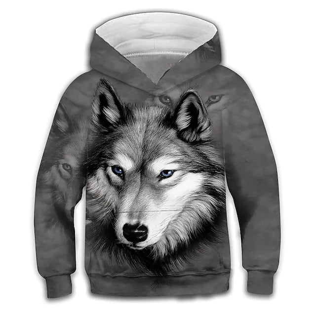 Kids Boys Hoodie Long Sleeve 3D Print Wolf Animal Pocket Gray Children