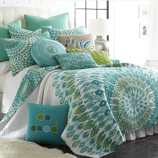 100% Cotton Boho Quilt Set, Natural Peacock Printing Bedspread with Jacquard Pillow
