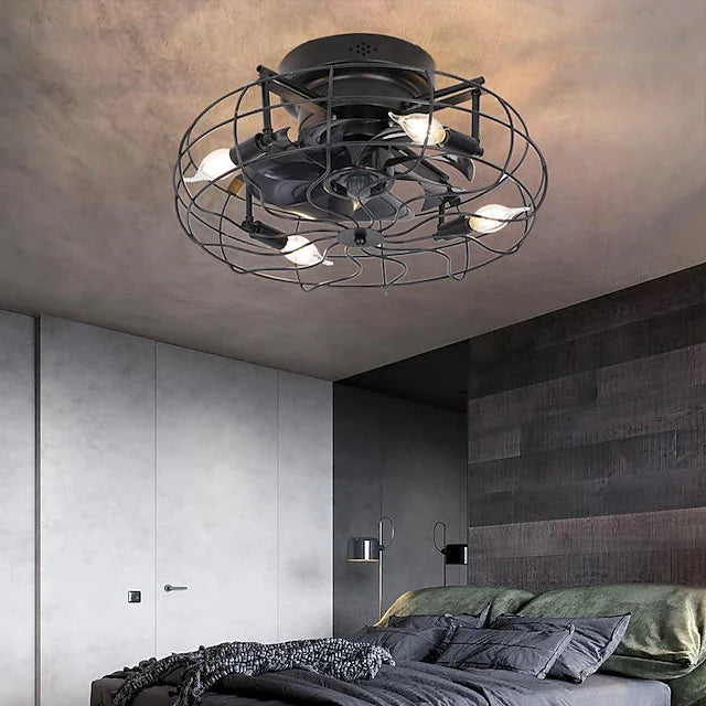 Caged Ceiling Fan with Light Remote Control Low Profile Flush Mount