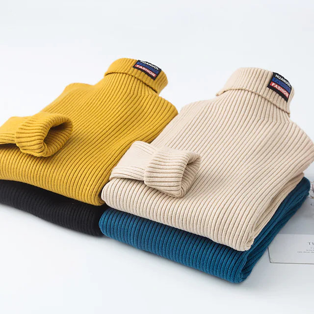 Kids Boys Turtleneck Sweater Solid Color Long Sleeve Outdoor Cotton