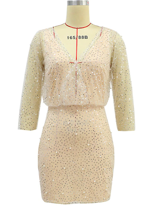 Women's Sheath Dress Sequin Dress Short Mini Dress Apricot 3/4 Length