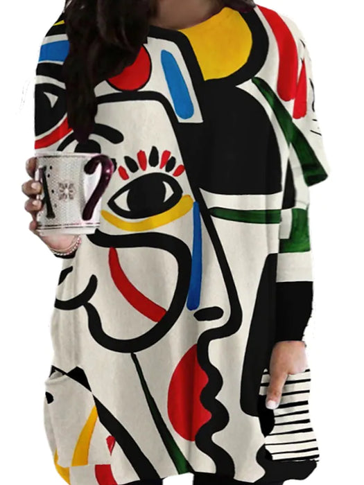 Women's Plus Size T Shirt Dress Tee Dress Abstract Crew Neck Print Long Sleeve