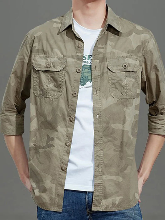 Men's Shirt Cargo Shirt Casual Shirt khaki Army Green Gray Long Sleeve