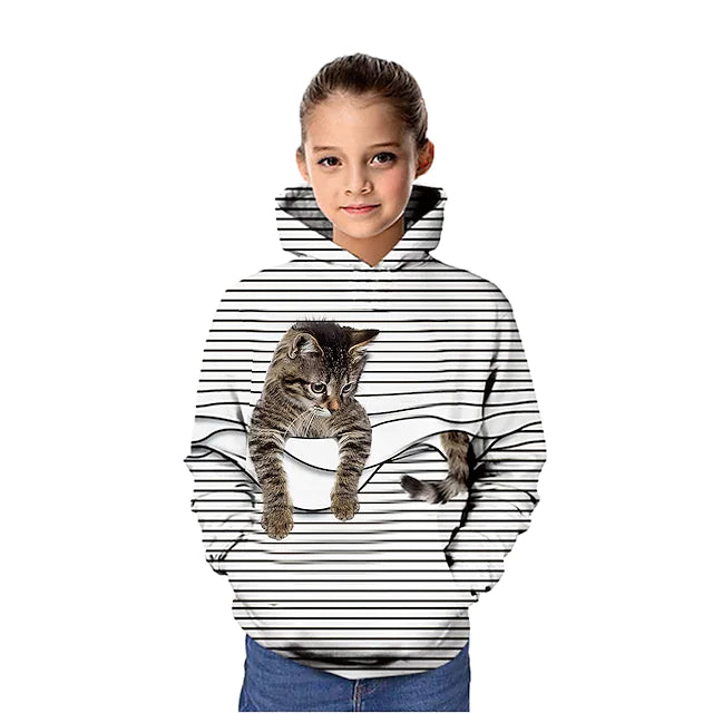 Kids Girls' Hoodie Long Sleeve 3D Print Graphic Animal Cat Stripe