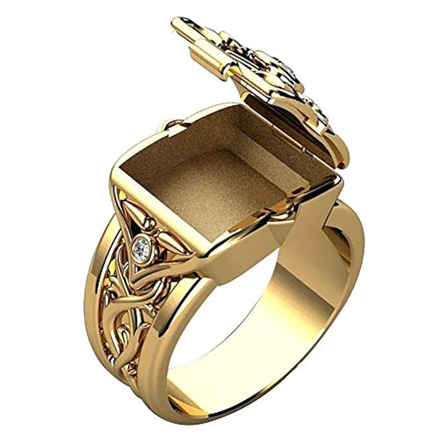 Men's Ring with Secret Compartment Mini Clamshell Storage Box Design