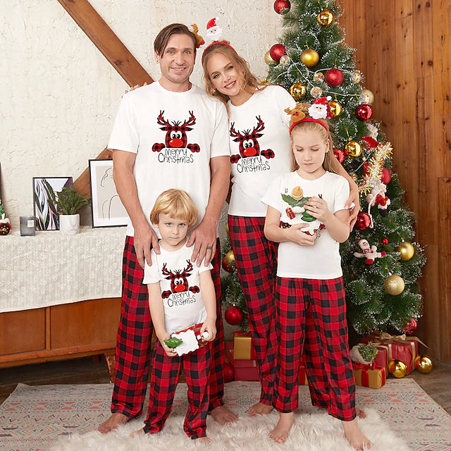 Family Look Christmas Pajamas Plaid Letter Deer Patchwork White Long Sleeve