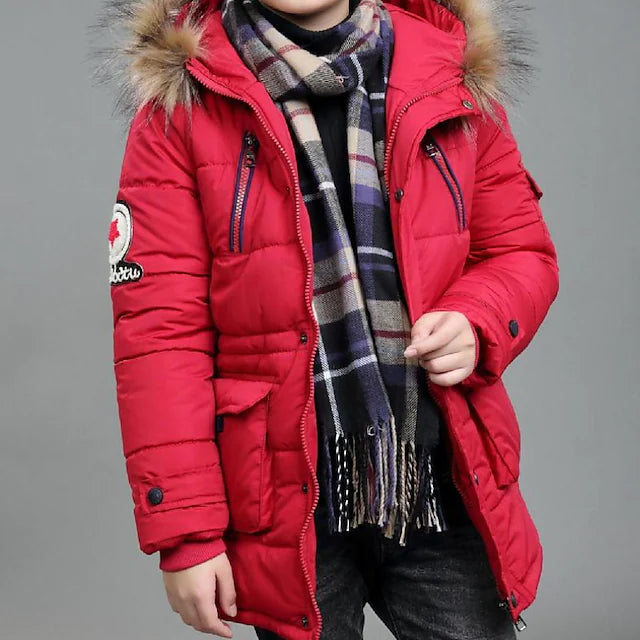 Kids Boys Coat Parka Long Sleeve Black Army Green Red Letter Plain Zipper