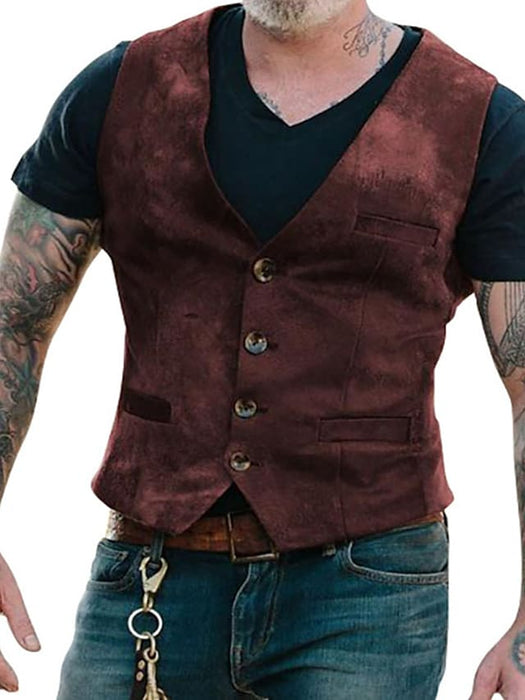 Men's Vest Gilet Dailywear Single Breasted Shirt Collar Vintage Jacket Outerwear Solid Colored Khaki