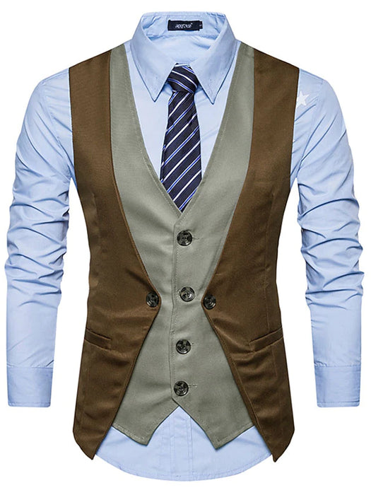 Men's Retro Vest Patchwork Standard Fit V Neck Single Breasted Four-buttons