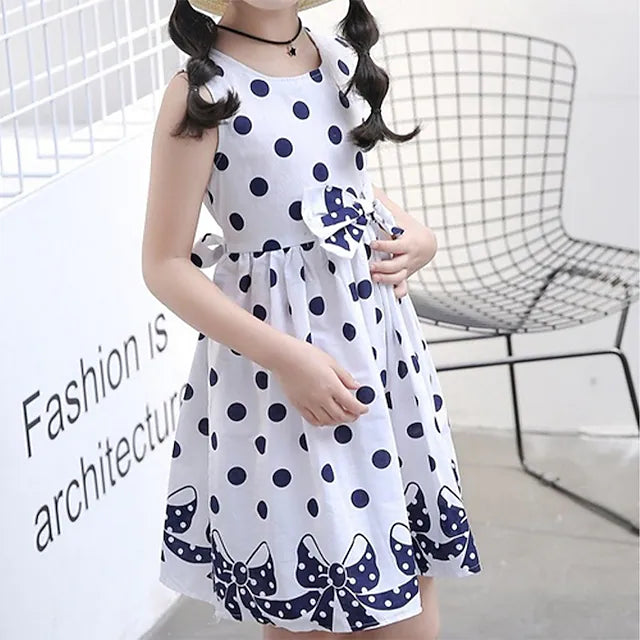 Kids Girls' Retro Polka Dot Dress Lace Trims Print Blue White Knee-length